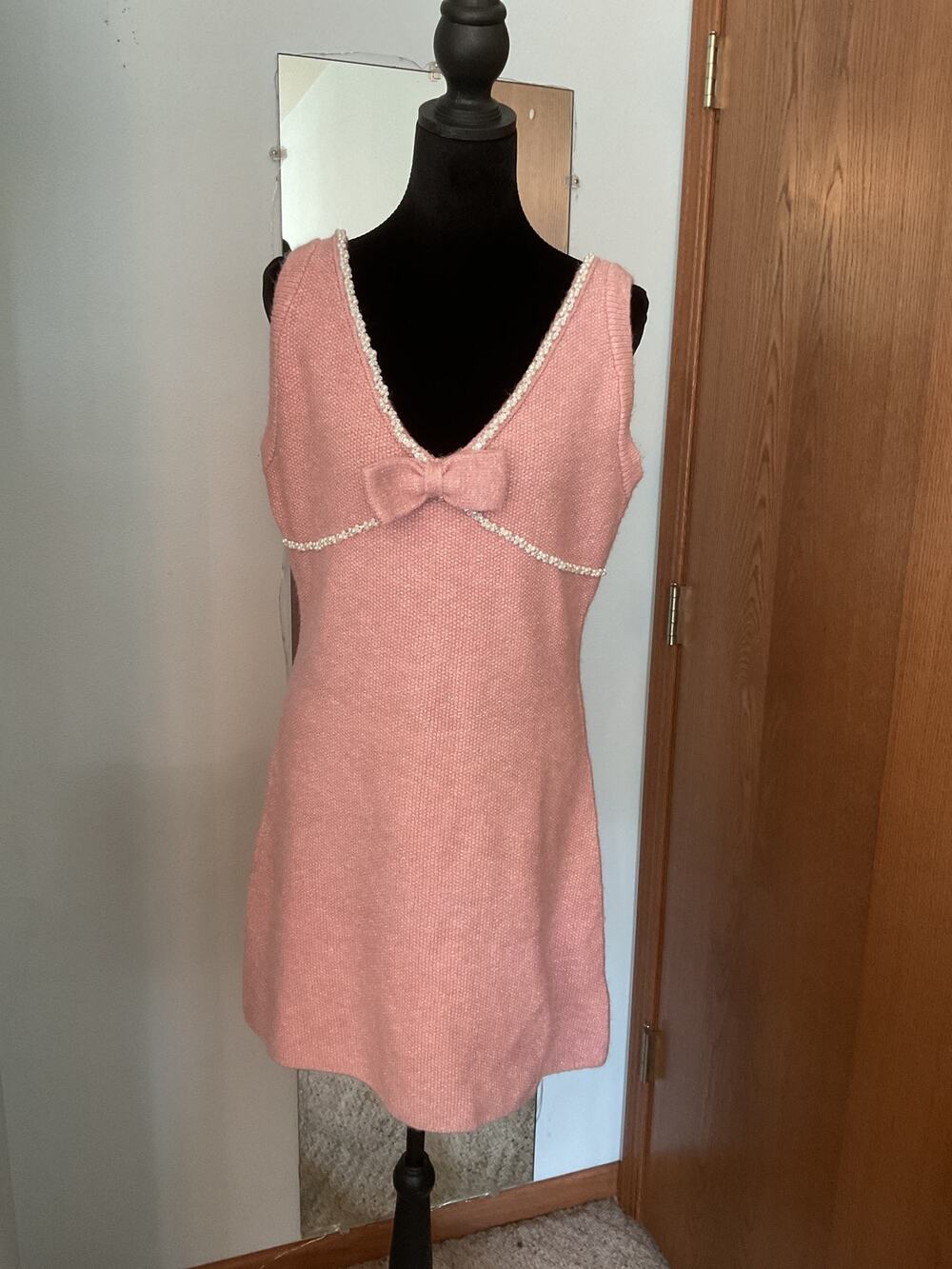Pink Knit Mini Dress 0XL Pearl Trim Bow Side Slit Tweed Coquette Plus XL